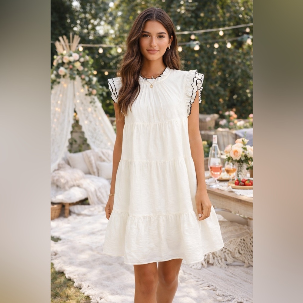 The Impeccable Pig Ivory Ruffle Trim Tiered Dress Boho M Cottagecore Boho Fairy